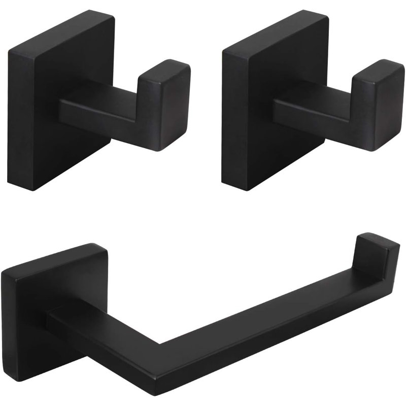Modern Matte Black Bathroom Accessories Set - 3-Piece Stainless Steel Wall-Mounted Kit With Toilet Paper Holder And Towel Hooks