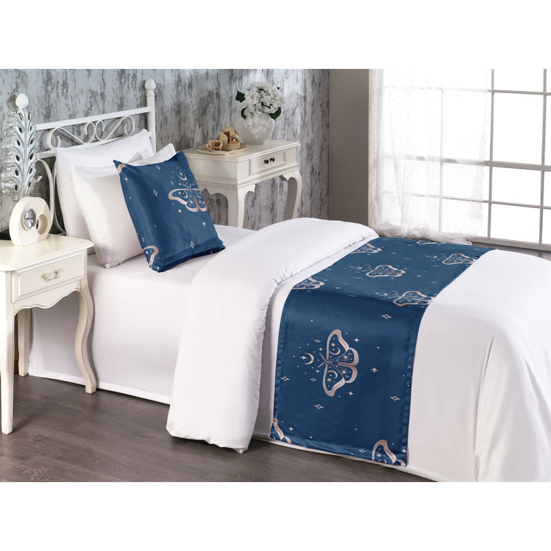 Ambesonne Astrology Bed Runner Set Celestial Boho Moth Print Cobalt Blue Pale Eggshell, Twin