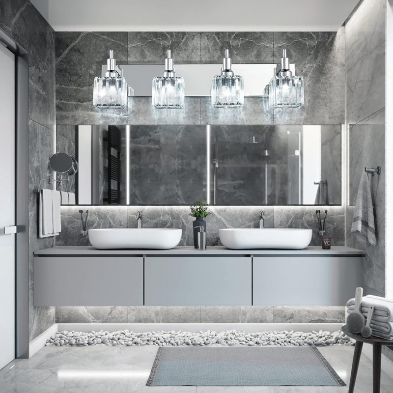 Luminaire de meuble-lavabo moderne en cristal avec finition noir mat et laiton, 4 lumières à intensité variable