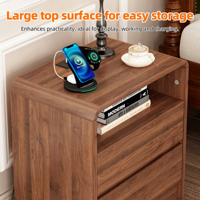 Modern Nightstand with Charging Station and Storage Drawers