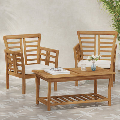 Weather- 2 Club Chairs And Table In Brown Wood With Slat Panel Construction + Table, Panels For Outdoor