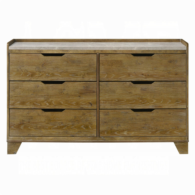Commode transitionnelle à finition brune avec 6 tiroirs de rangement et meubles de chambre à coucher 1 pièce en bois d'hévéa massif