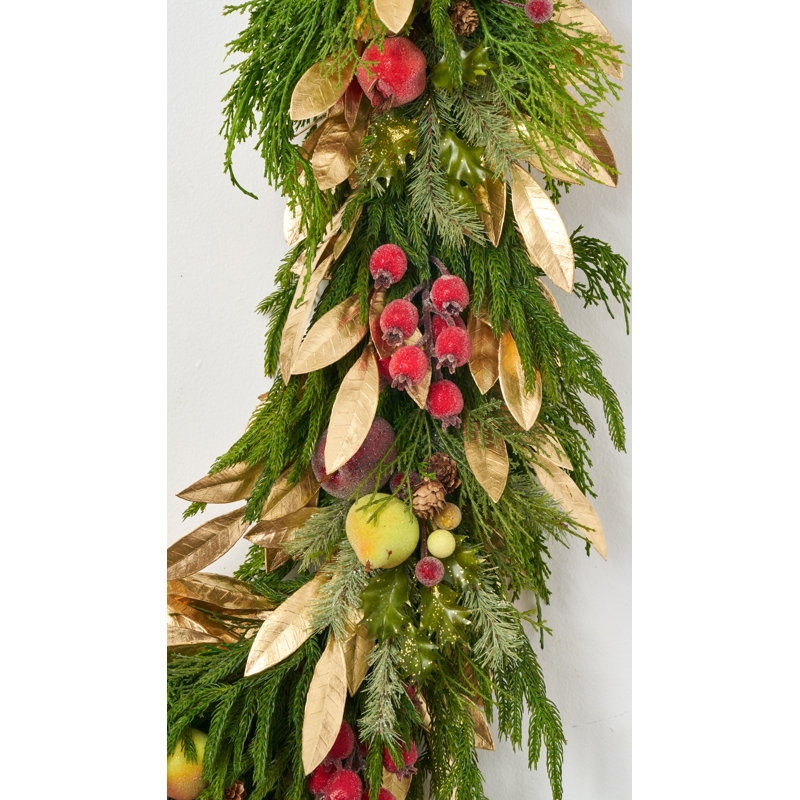 Chemin de table de Noël style Della Robbia de 1,80 m avec guirlande de fruits en sucre, cynorrhodons perlés et feuilles de laurier dorées