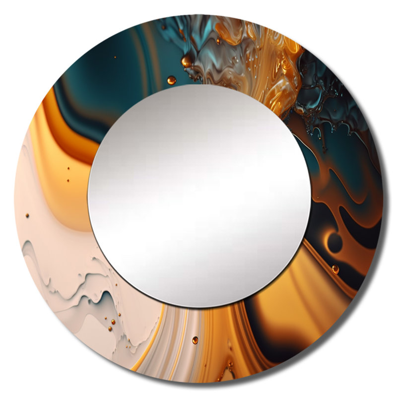 Ortrude Yellow And Green Fluid Abstractions I - Liquid Ink Wall Mirror, Yellow Round Decorative Mirror, Printed Metal Art