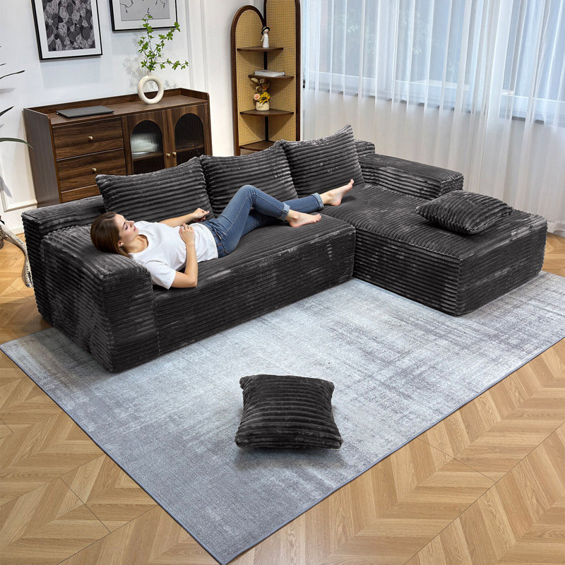Canapé modulaire en mousse à mémoire de forme en velours côtelé de 104 po avec méridienne et siège profond, 104 po, sans assemblage requis (gris, méridienne orientée vers la droite)