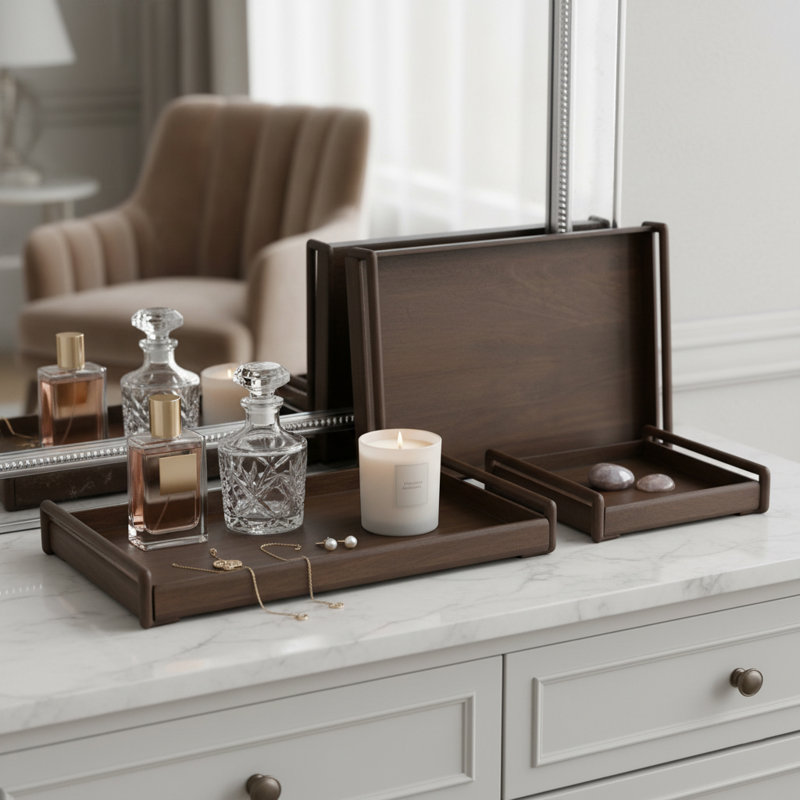 Elegant Wooden Decorative Tray Set with Raised Side Handles - Coffee Table Tray for Stylish Home Decor and Ottoman Tray for Entertaining - Accent Tray Crafted for Organizing Essentials - Set of 3, 26", Brown