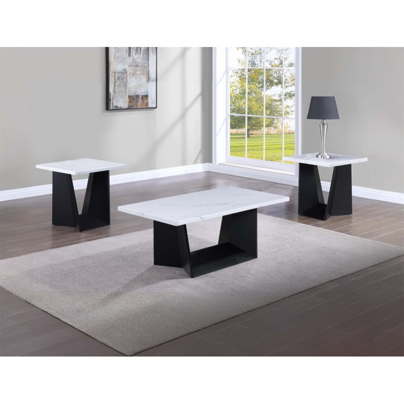Ensemble de cocktail moderne 3 pièces avec plateau en faux marbre et bases noires angulaires, parfait pour les salons contemporains