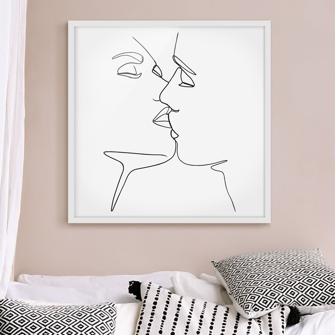 Gerahmter Kunstdruck Line Art Kiss Faces Black White