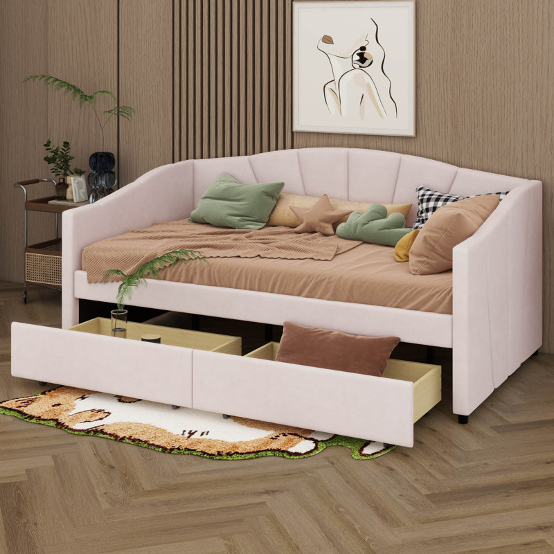 Twin Size Upholstered Daybed With Two Drawers, Sofa Bed With Wood Slat Support, No Box Spring Needed, Beige