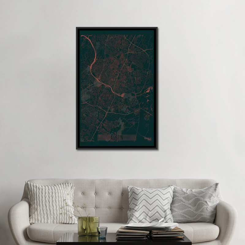 « austin infrarouge urban blueprint map », impression sur toile, H 26 po x l 18 po x P 1,5 po, Toile avec cadre noir