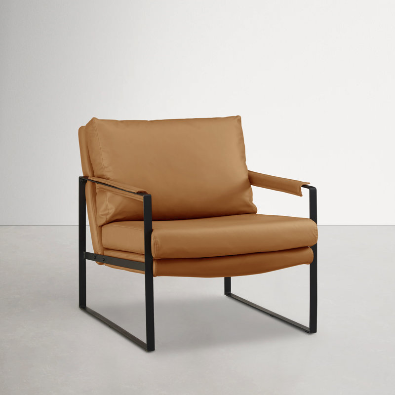 Mirsade 27.09'' W Leather Upholstered Accent Armchair with Removable Backrest, Khaki Genuine Leather