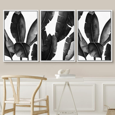 Minimal Botanical "Black And White Tropical Banana Leaf Modern Framed Canvas Print 3 Pieces Wall Art