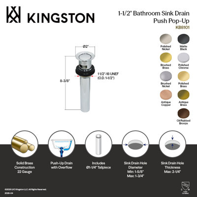Drain de lavabo pour salle de bain avec trop-plein Kingston