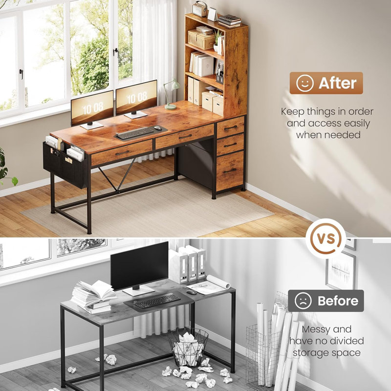 Barbarino Computer Desk With 5 Drawers And Bookshelf Led Lights For Small Spaces, Brown/Black