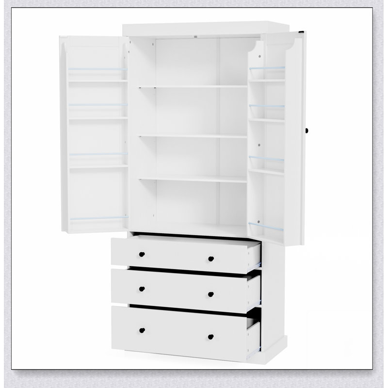Grande armoire de rangement autoportante Farmhouse Kitchen avec 3 tablettes réglables, Blanc