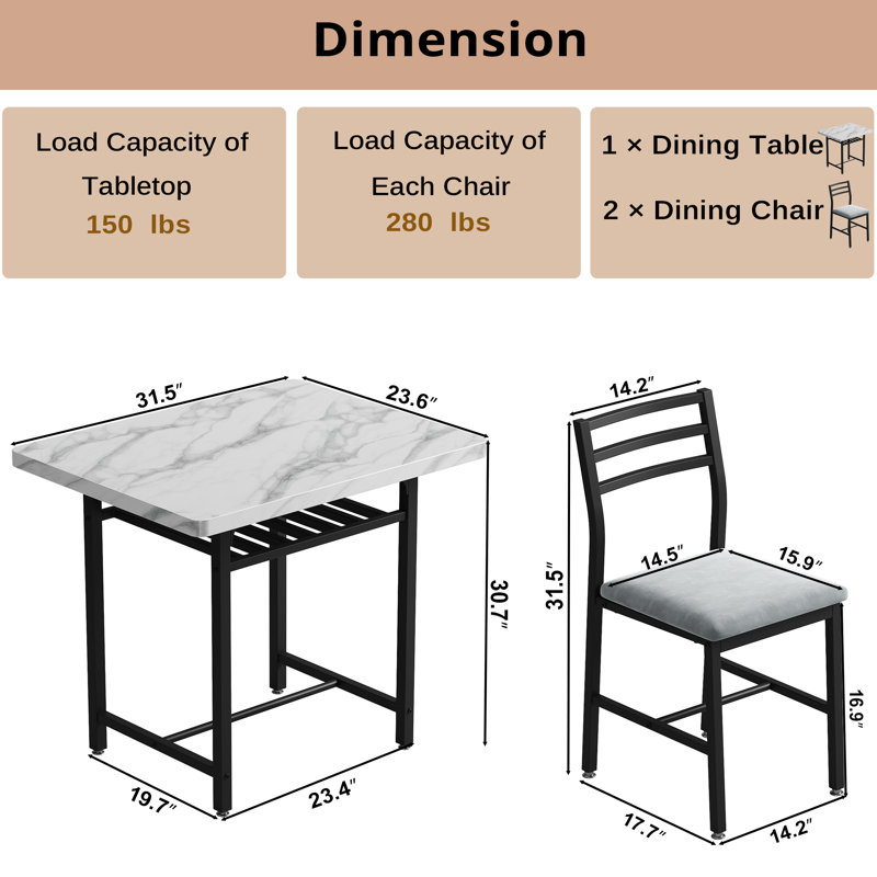 3-Piece Dining Table Set With Faux Marble Tabletop, Under-The Table Storage And Cushioned Chairs For Small Space, Minimalist Dining Set For Kitchen, Home Bar And Patio