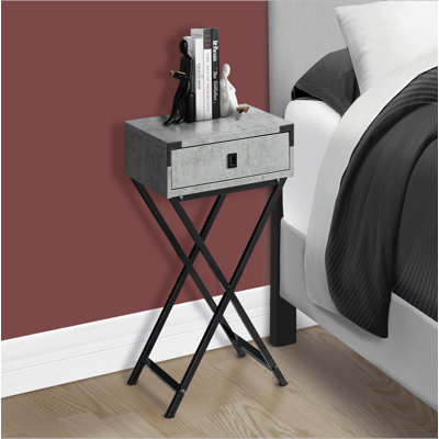 Table d'appoint, côté, bout, table de chevet, lampe, tiroir de rangement, salon, chambre à coucher, stratifié gris, métal noir, contemporain, moderne