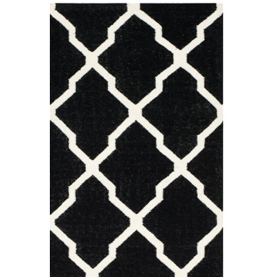 Rodgers Hand Woven Flat Weave Wool/Cotton Geometric Rug in Black/Ivory