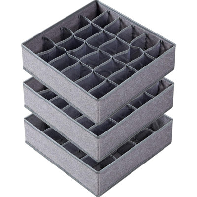 Ensemble de 3 séparateurs de sous-vêtements pour sous-vêtements, organisateur pliable en tissu à 64 cellules pour organisateurs de placard et boîtes de rangement pour chaussettes, sous-vêtements, cravates (16 + 24 + 24 cellules, gris)