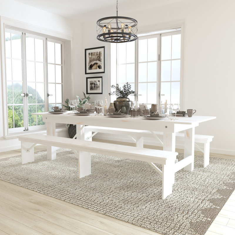 Ensemble de table de ferme pliable et deux bancs 8 pi x 40 po Dejon, H 30 po x L 108 po x l 40 po, Blanc antique rustique
