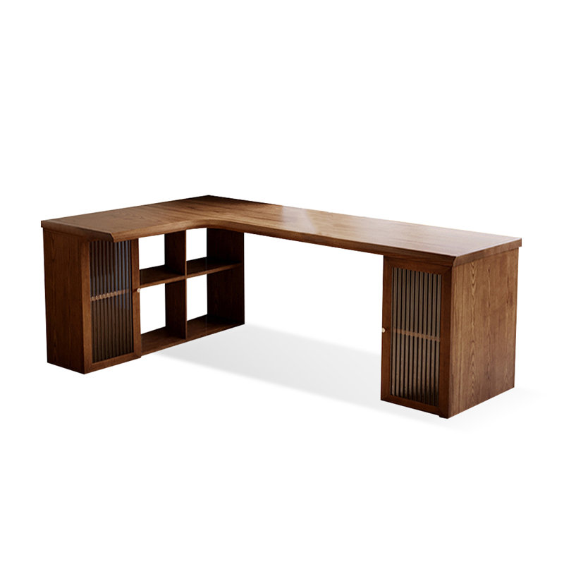 Nut-brown L-Shaped Solid Wood  desk, 29.53" H x 78.74" W x 47.24" D, Left Hand Return