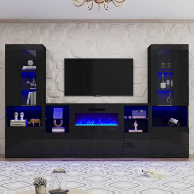 Modern High-Gloss Fireplace TV Stand And Bookcase Set, White – Entertainment Center With Electric Fireplace, Storage Bookcases, And Multi-Color LED Lights