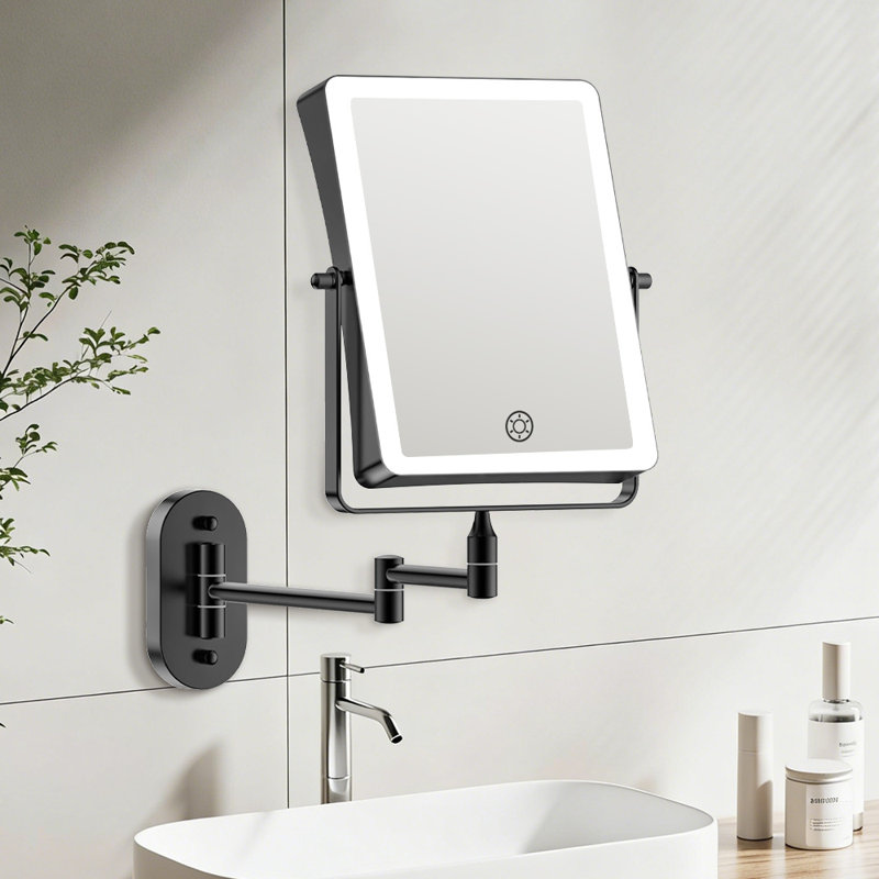 Aaliegha Metal Rectangle LED Lighted 10X Magnifying Wall Mounted Bathroom Vanity Makeup Mirror, Black, Black