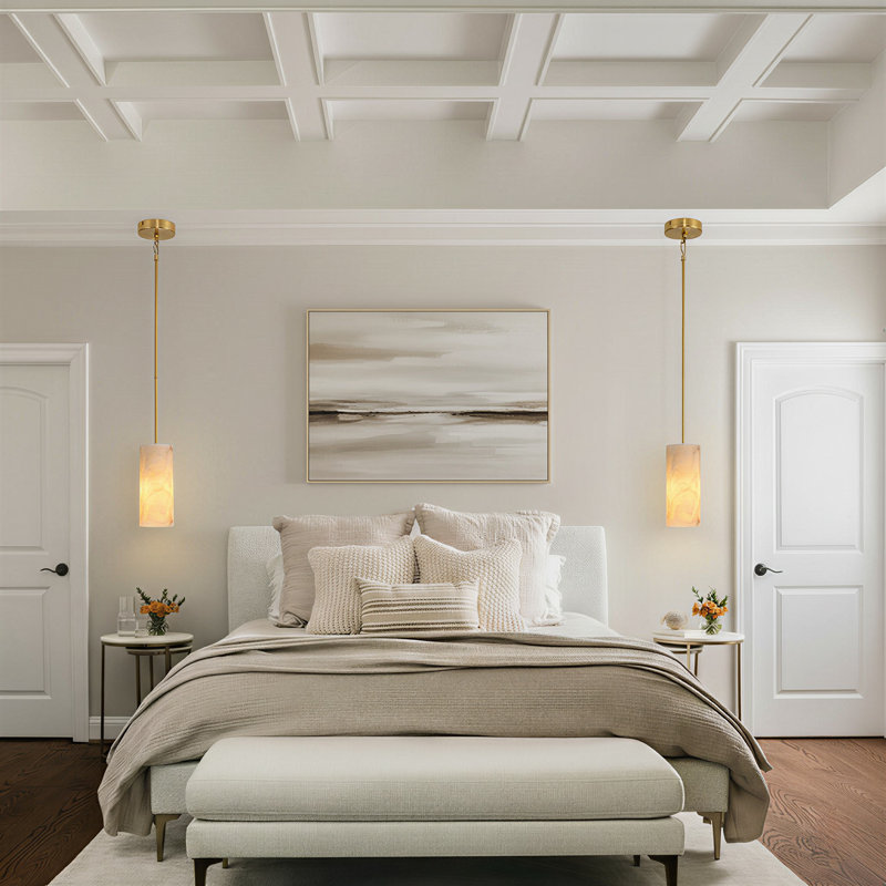 1 - Light Kitchen Island Cylinder Pendant Lights With Alabaster Shade, Brass