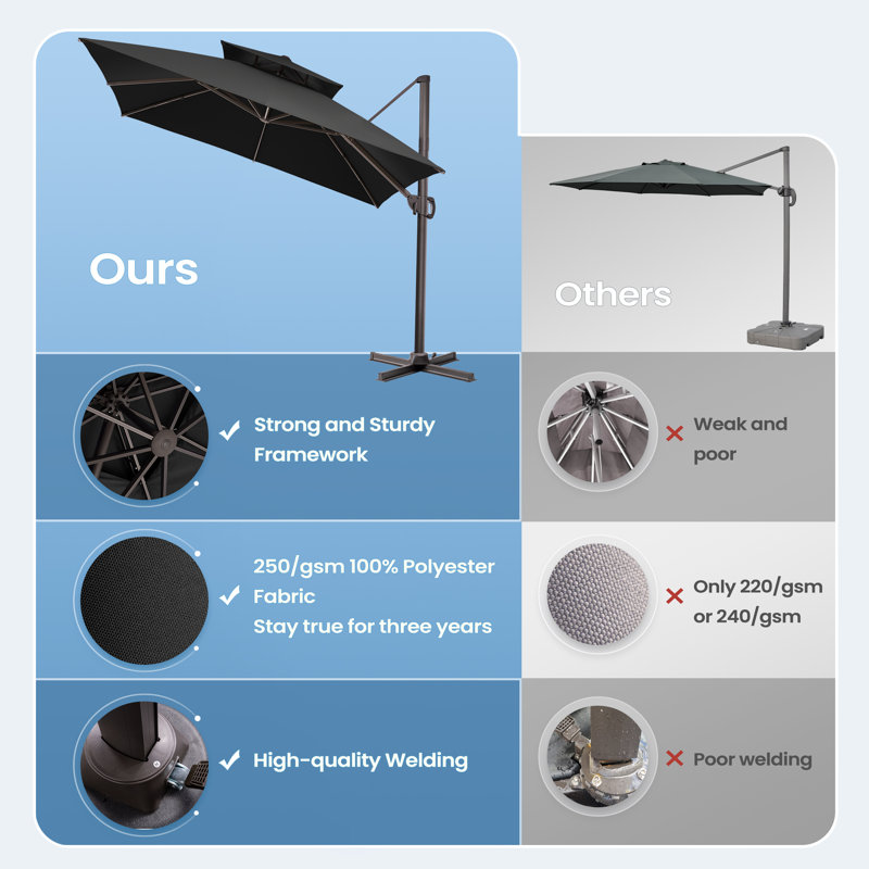 11' Square Patio Cantilever Umbrella, Base Included, Noir