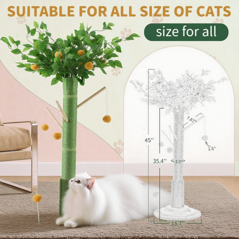Tall 45 Inch Cat Scratching Post For Indoor Cats Adults, Durable Sisal Rope Cat Scratcher With Hanging Ball, Stable Base For Kittens And Medium To Large Cats, Encourage Exercise &  Healthy Claws