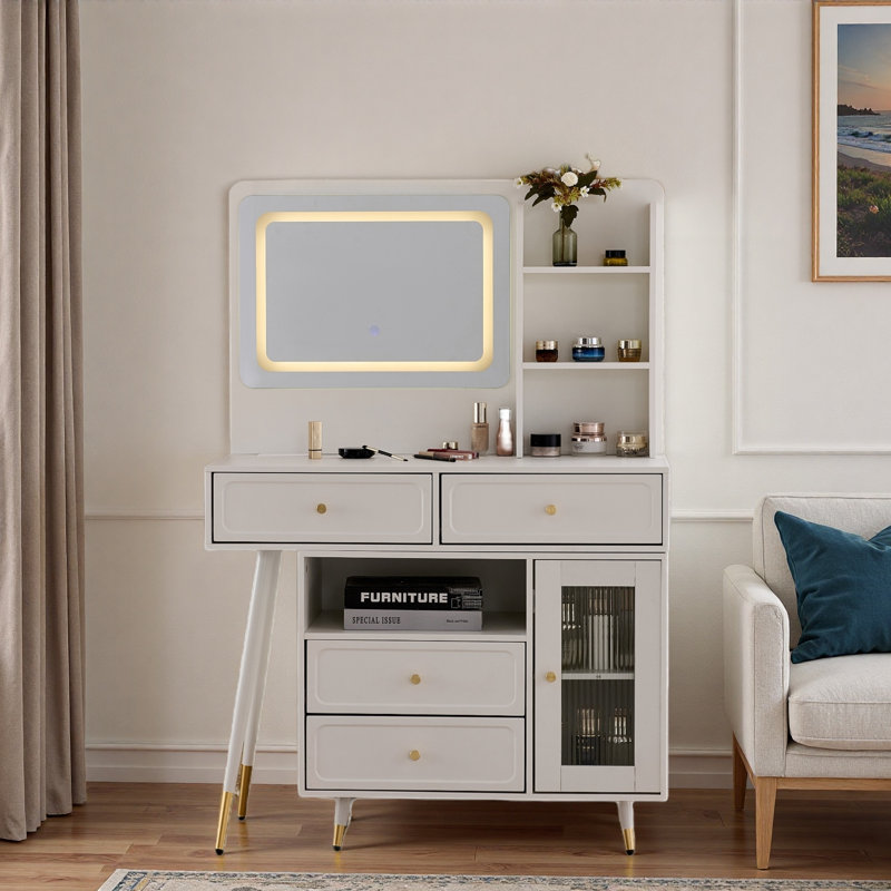Modern Makeup Vanity Desk With Mirror And Lights, Retractable Dressing Table With Drawers And Cabinet, Compact Makeup Table Set With Power Outlet For Bedroom, White