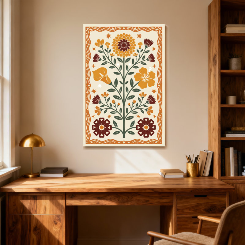 Plantes et fleurs avec motif floral orange et brun, H 18 po x l 12 po