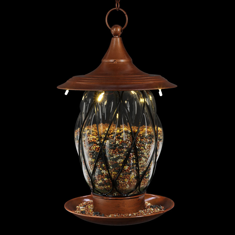 Solar Bronze Metal and Glass Hanging Bird Feeder