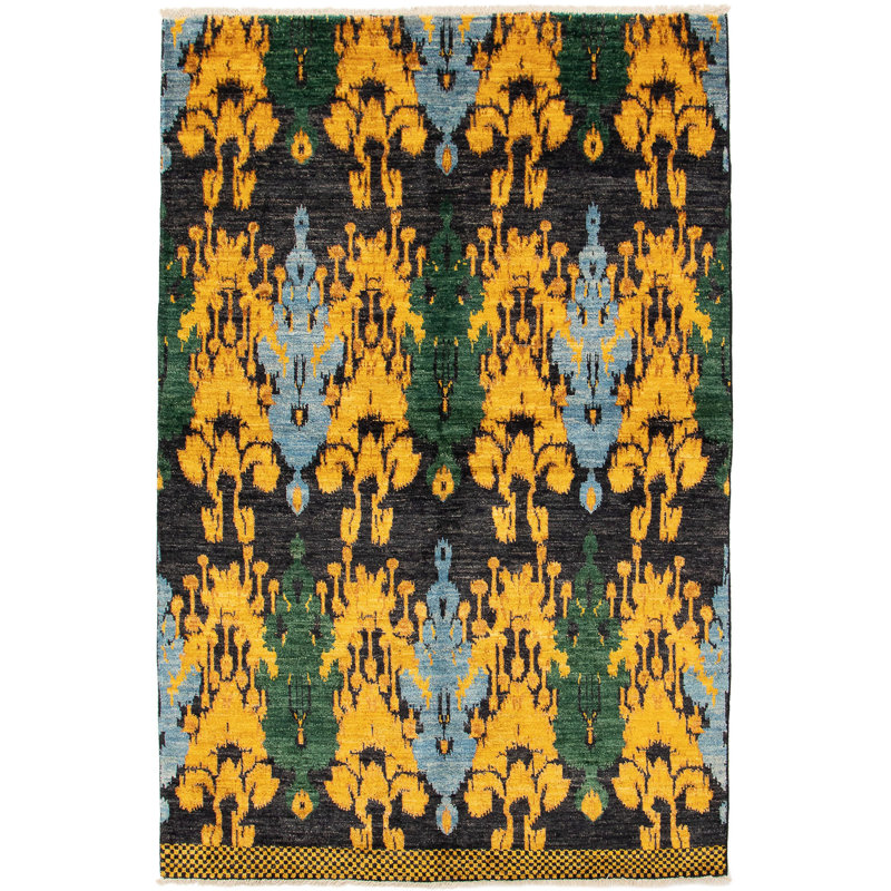Tapis unique en laine noué à la main Mogul des années 2010 de 5 pi 10 po x 9 pi 3 po noir / doré Ardice