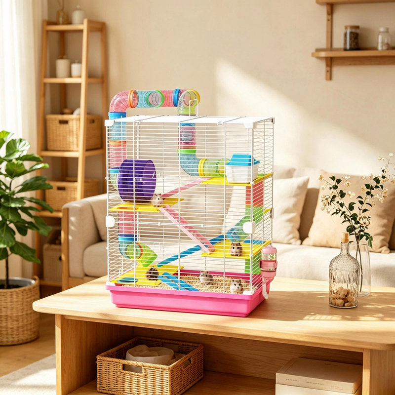 Cage à hamster portative à 5 niveaux pour petits animaux de compagnie avec roue d'exercice et tubes de raccordement pour tunnel