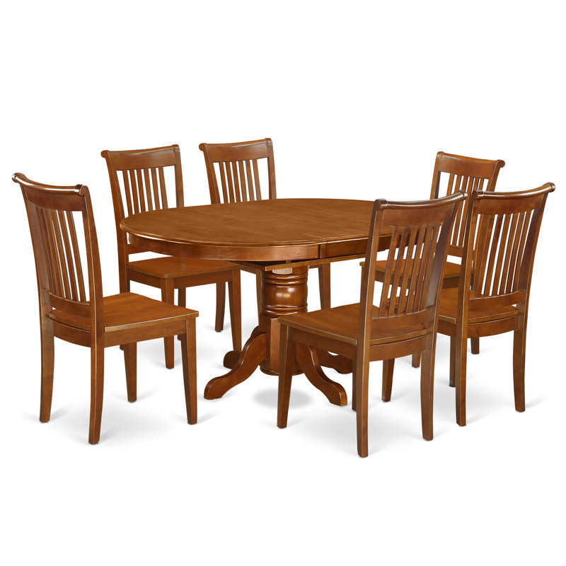 7 Piece Dining Table Set Consist of an Oval Dining Room Table with Butterfly Leaf and 6 Wood Seat Chairs, 42x60 Inch, Saddle Brown