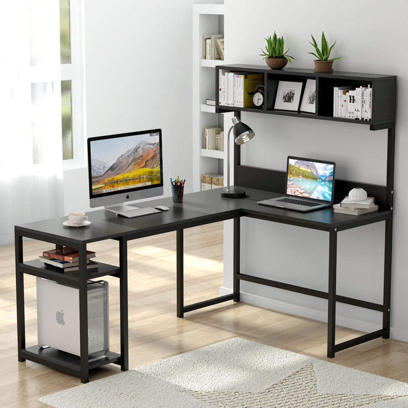 L-Shaped Metal Base Computer Desk, Black