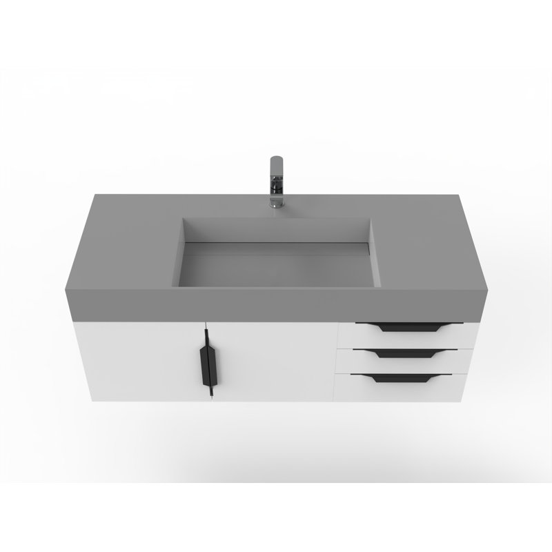 Meuble-lavabo mural simple 48 po avec comptoir à surface solide 48 po, gris, Blanc, Noir