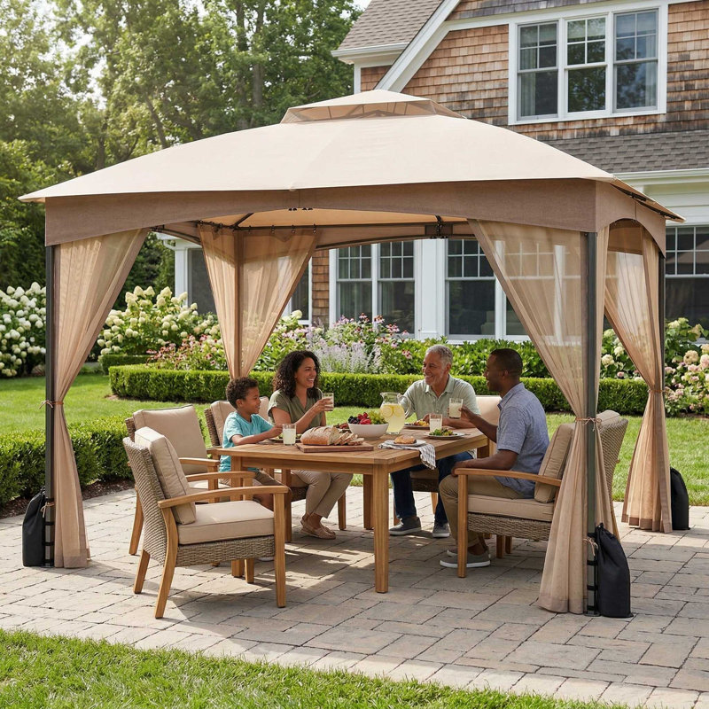 Pavillon de jardin robuste 10 x 12 pi résistant aux intempéries avec murs en filet et 4 sacs de sable pour l'extérieur, Beige