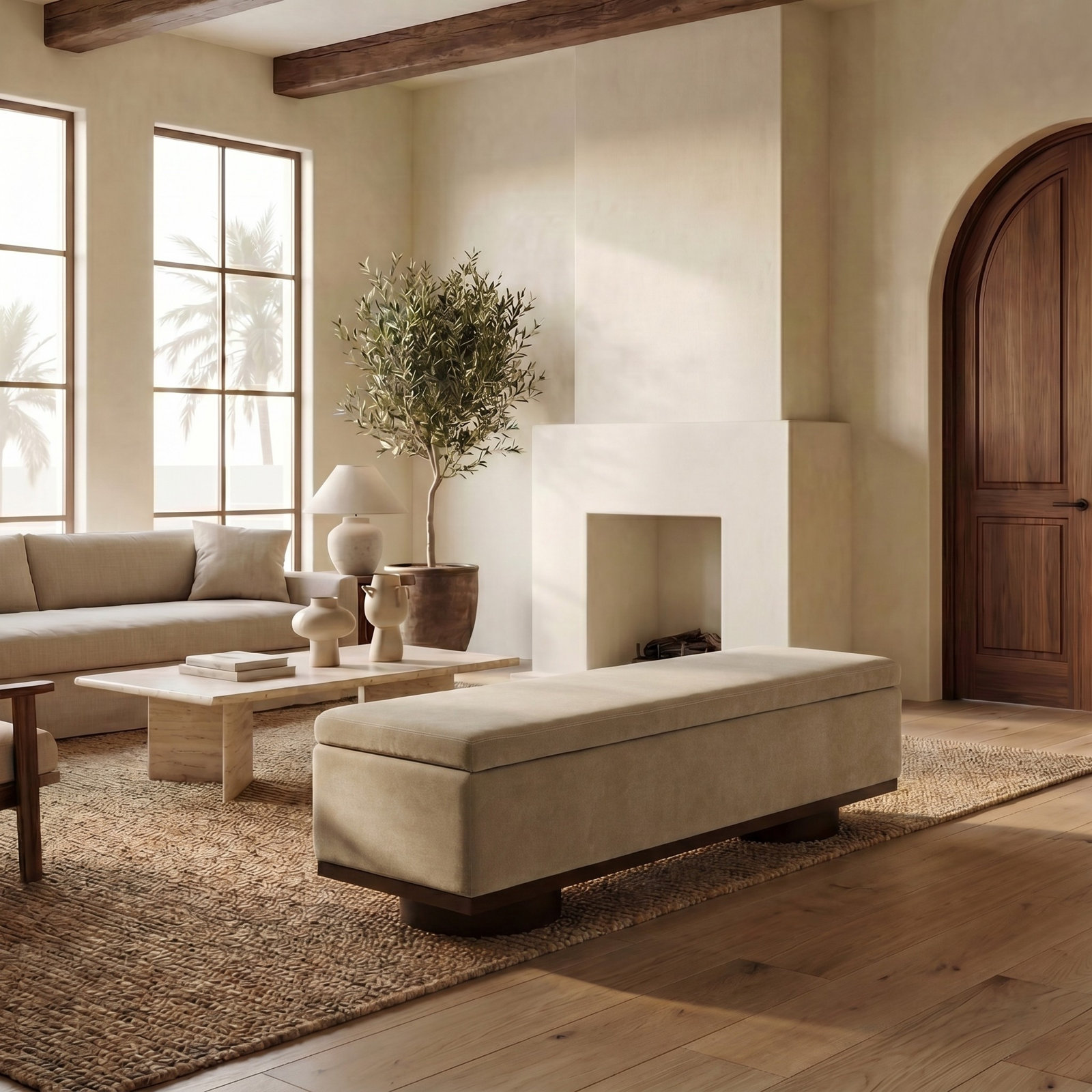 Morje 61" Linen Entryway Bench, Light Brown Velvet, Walnut