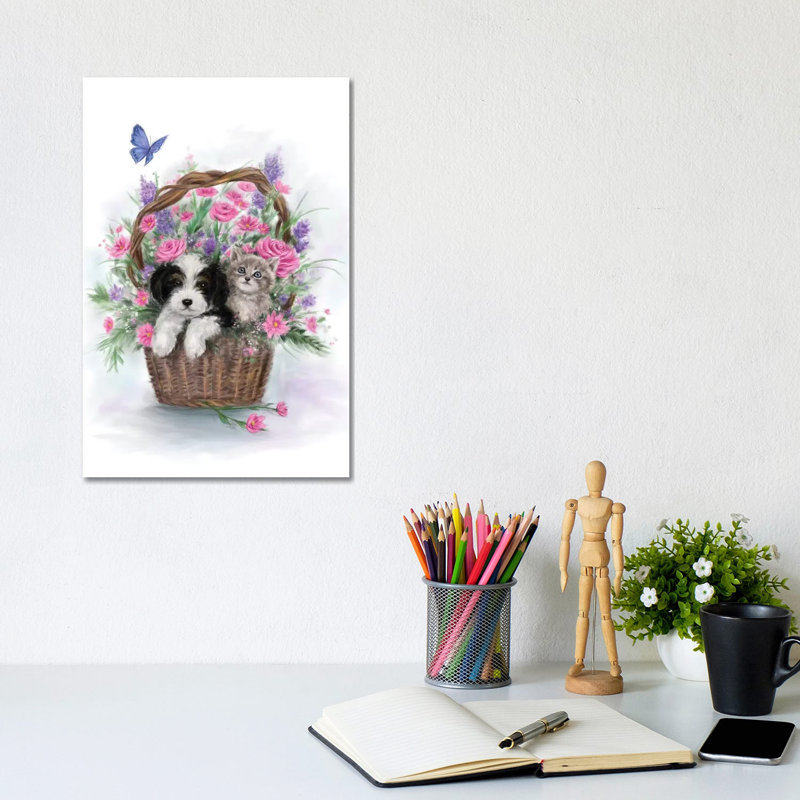 Dog And Cat In Flower Basket by MAKIKO - Wrapped Canvas Print, 20.32 cm H x 30.48 cm W