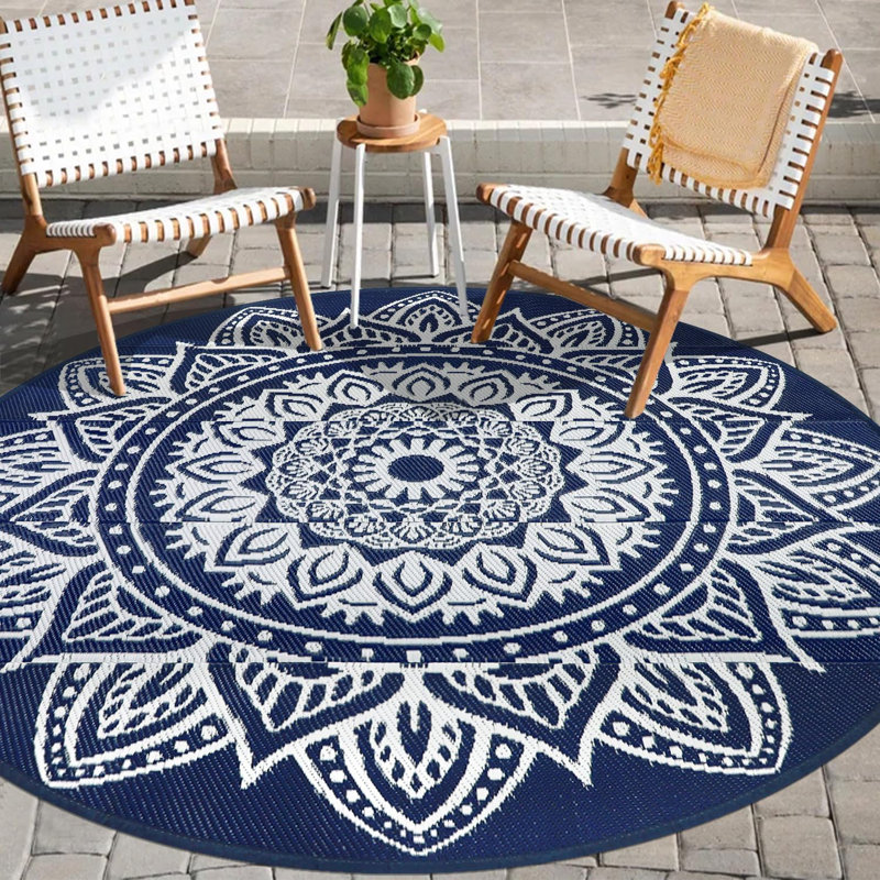 Round Outdoor Patio Rugs 8Ft Reversible Plastic Straw Rug with Carry Bag Lightweight Waterproof Camping Mat for Outdoor Porch Deck Backyard