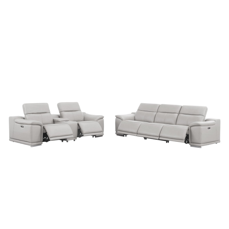 Ensemble inclinable en cuir véritable - canapé et causeuse avec 5 fauteuils inclinables électriques, Gris clair
