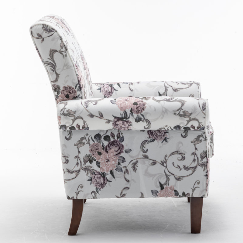 Fauteuil Traditional avec accoudoirs roulés, structure en bois de bouleau massif et pieds fuselés bruns