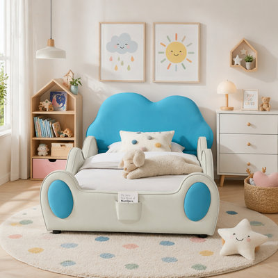 Mignon lit pour enfant en cuir de polyuréthane avec garde-corps, lit pour tout-petits sécuritaire avec dessin bleu et beige