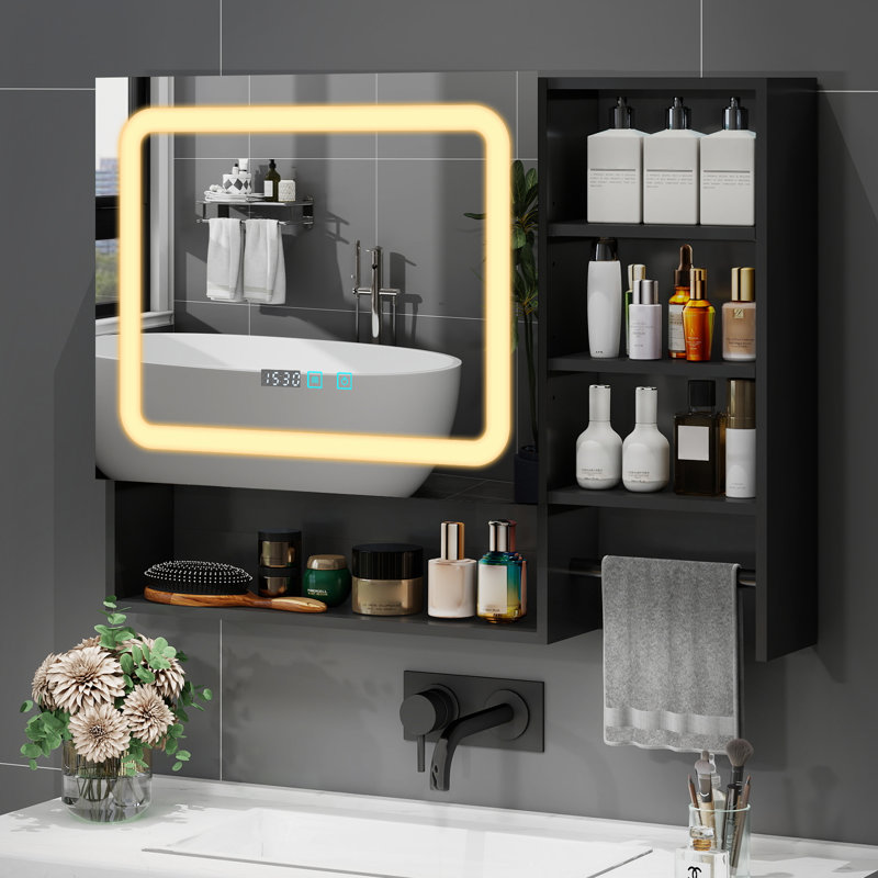 80x60CM Led Bathroom Mirror Cabinet, Bathroom Storage Cupboard With Towel Rack Adjustable Shelves