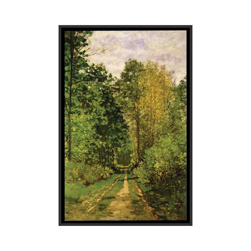 Chemin boisé, 1865 par Claude Monet, reproduction d’art, H 40 po x l 26 po x P 1,5 po, Toile avec cadre noir, Pas de tapis