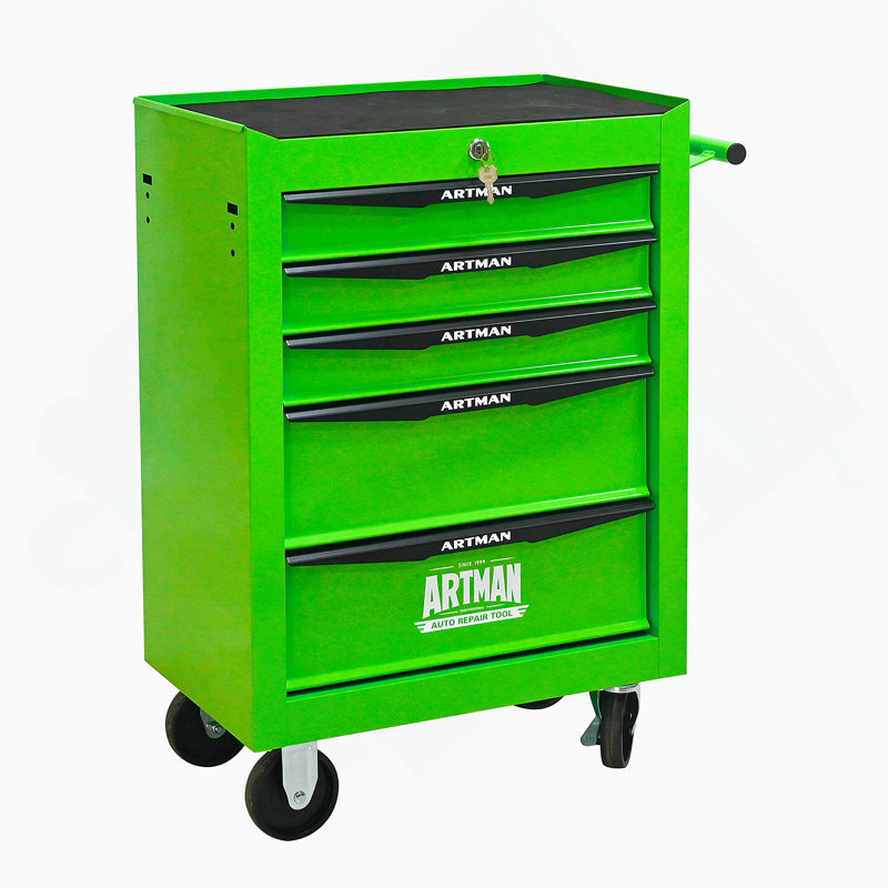 Coffre à outils roulant en métal à 5 tiroirs avec glissières à roulement à billes, armoire de rangement en acier verrouillable et mobile pour l'organisation de l'atelier.