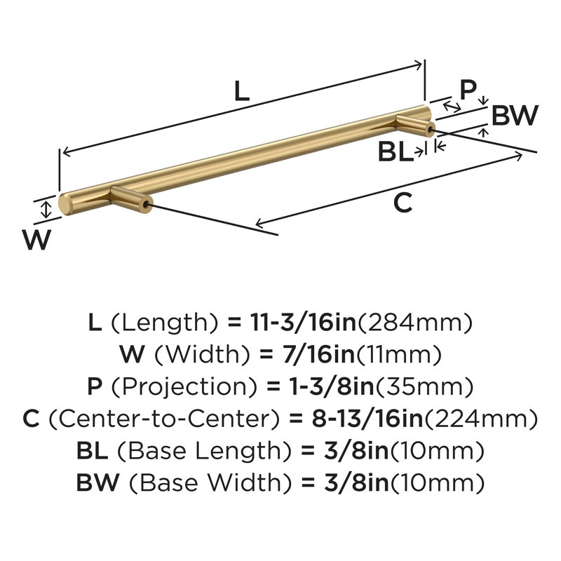 Bar Pulls Centre to Centre Bar Pull, Gold, 8 13/16, 1