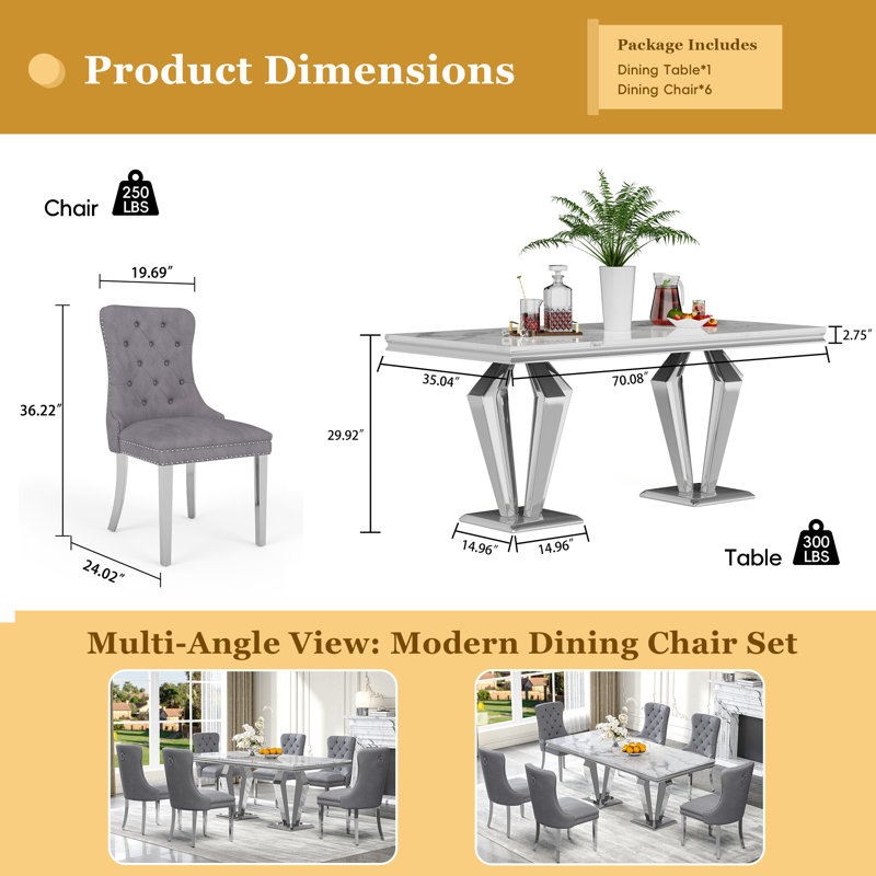 Ensemble de table de salle à manger 7 pièces, panneau de fibres à densité moyenne avec placage de marbre et 6 chaises de salle à manger en velours - Ensemble de salle à manger moderne pour 6